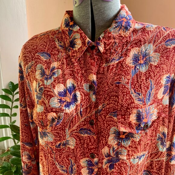 LOLA P. Sz L Floral Print Button Up Shirt Hi-Low Hem Lace Up Back Boho Western - Picture 2 of 6